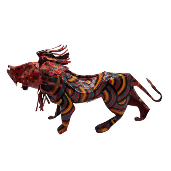 Vintage African Folk Art Lion Metal Sculpture Hand painted Colorful Zimbabwe